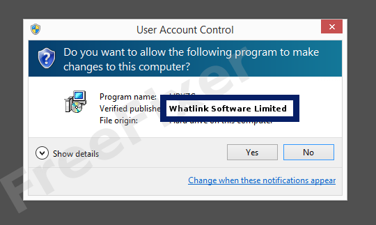 Screenshot where Whatlink Software Limited appears as the verified publisher in the UAC dialog